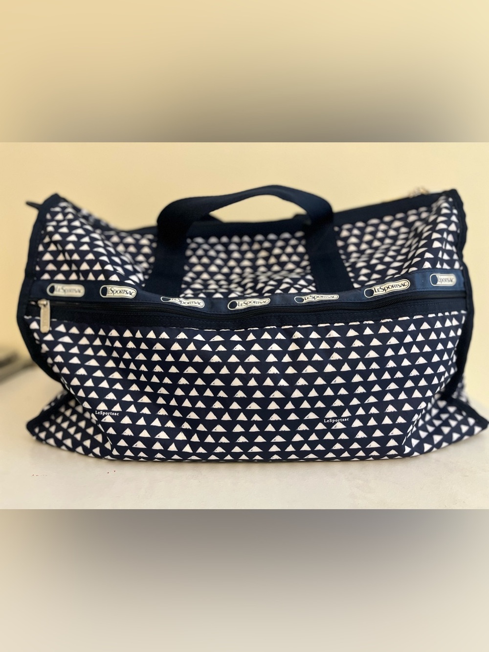 Lesportsac Navy and White Triangle Print Travel Tote